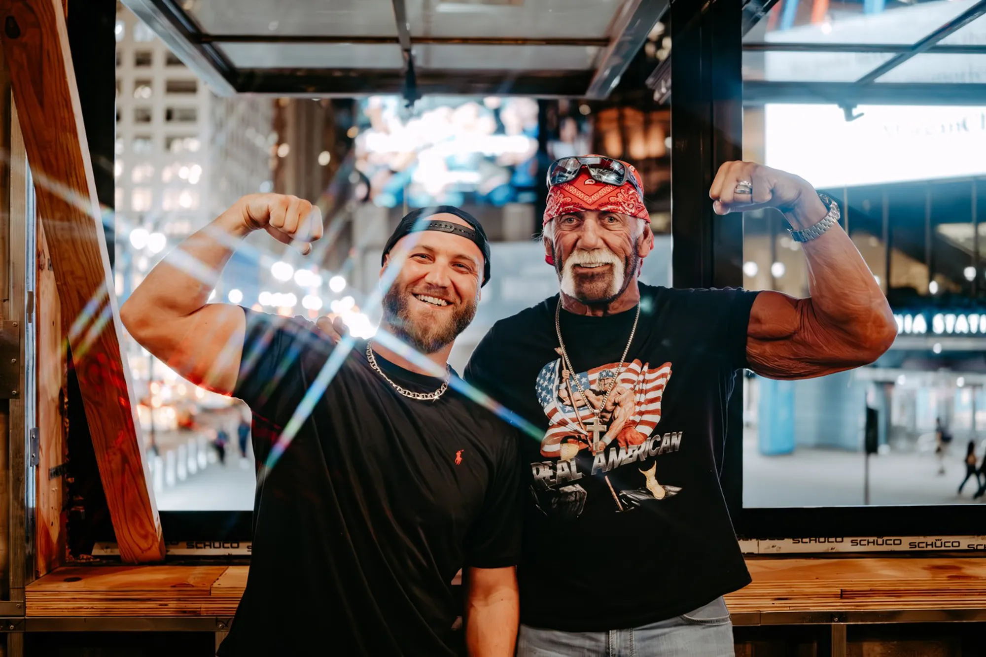 Hulk Hogan and Nick Hogan at a bar across the street from Madison Square Garden.