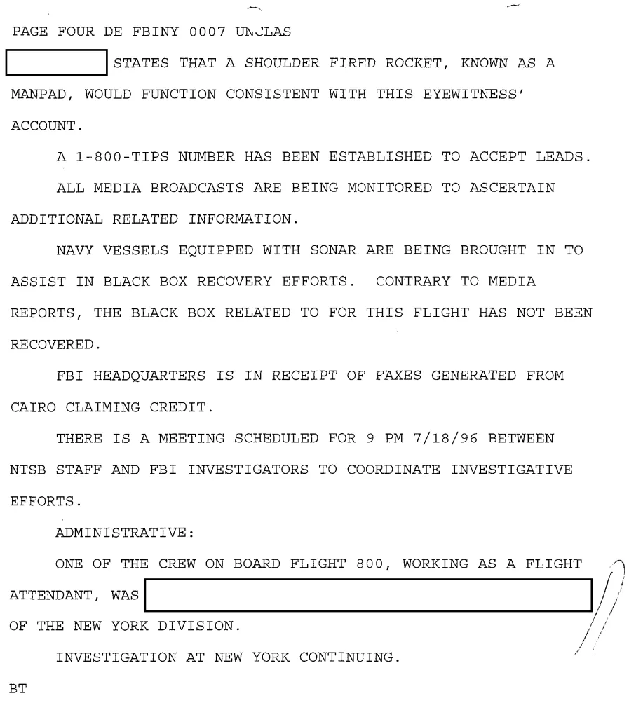 FBI document referencing a fax from Cairo claiming credit for blowing up a plane.
