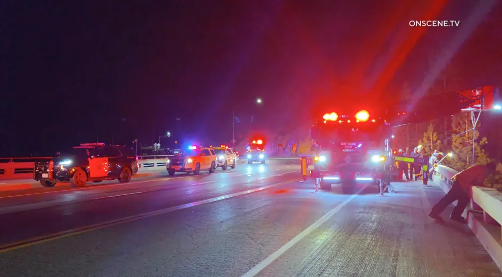 Emergency vehicles with flashing lights line a highway bridge at night, with personnel looking over the side.