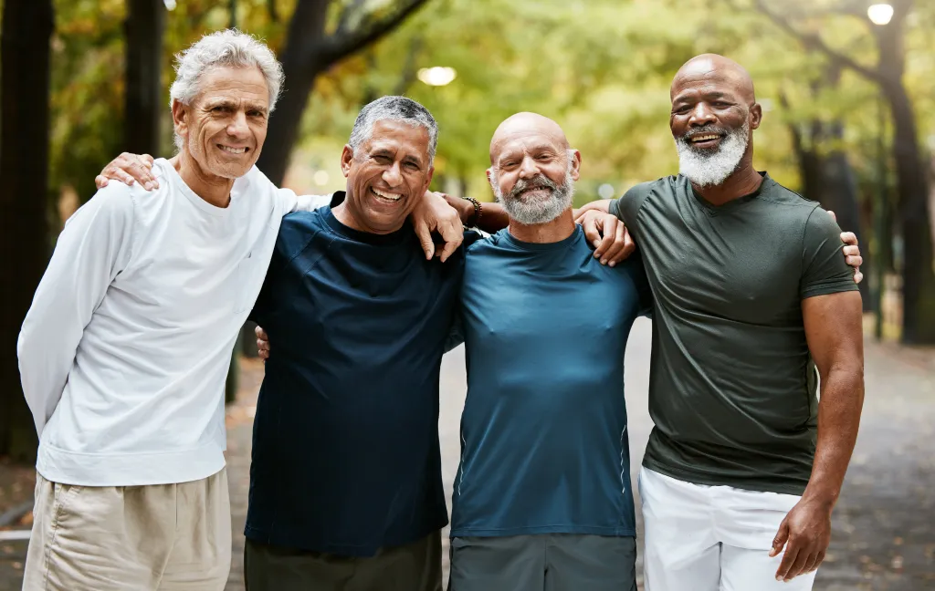 Four senior men, diverse in ethnicity, smiling and embracing each other outdoors.