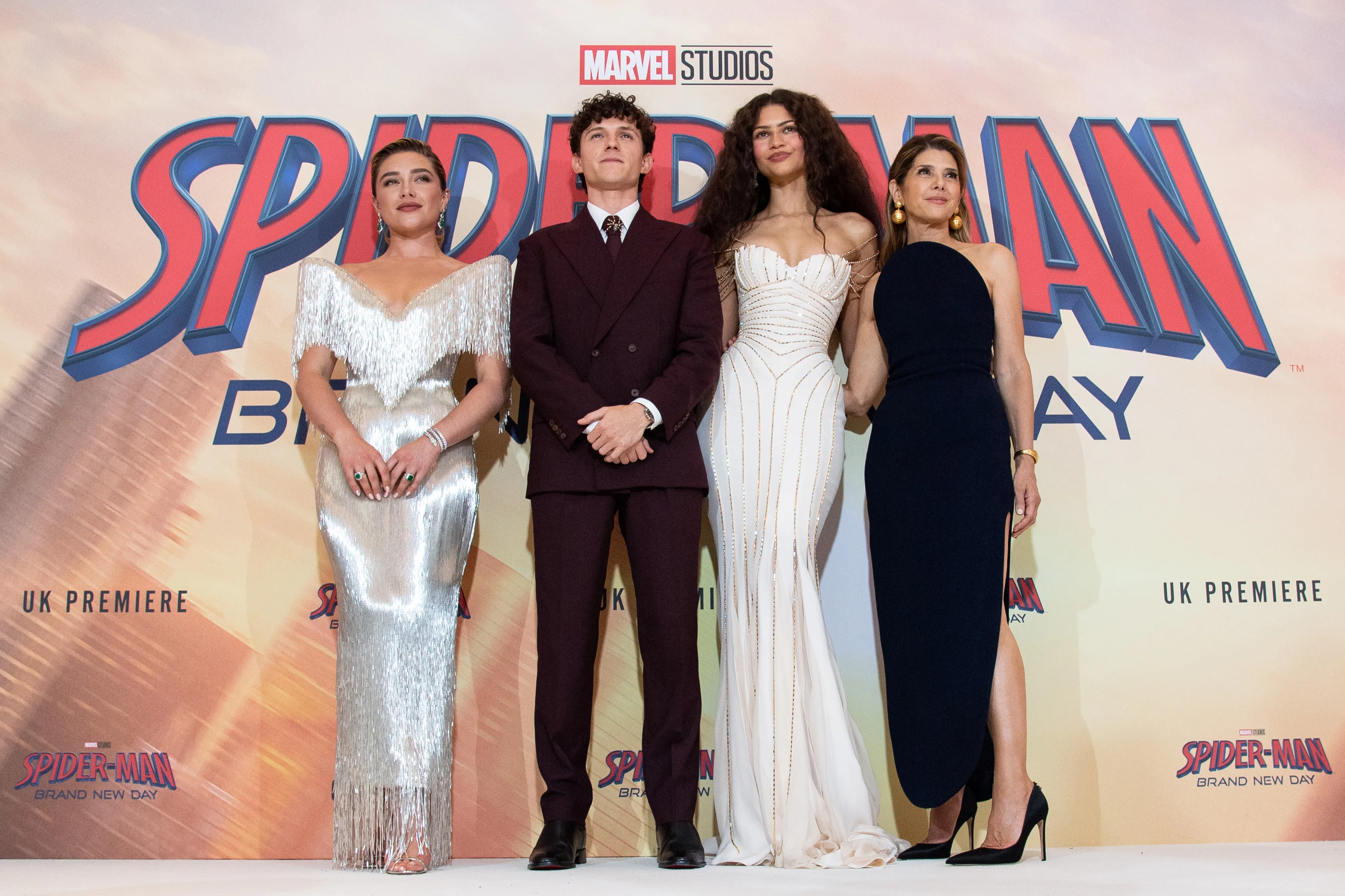 Florence Pugh, Tom Holland, Zendaya, and Marisa Tomei at the "Spider-Man: Brand New Day" UK premiere.