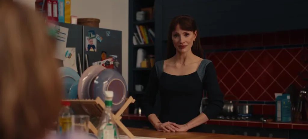 A woman with red-brown hair and a black and grey shirt stands in a kitchen with a dish drying rack in the foreground.