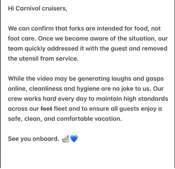 A message from Carnival Cruise Line stating that forks are for food, not foot care.