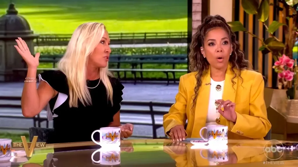 Marjorie Taylor Greene and Sunny Hostin discussing sexual assault allegations on "The View."