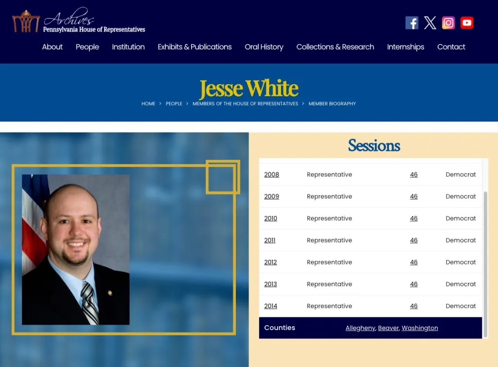 Jesse White's biography page on the Pennsylvania House of Representatives Archives website, showing his photo, political history from 2008-2014 as a Democratic Representative, and the counties he represented.