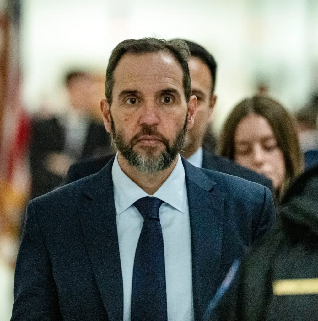Former special counsel Jack Smith takes a break during a closed-door deposition before the US House Committee on the Judiciary about his investigations and prosecutions of United States President Donald J Trump in the Rayburn House Office Building on Capitol Hill in Washington, DC, USA, on Wednesday, December 17, 2025.
