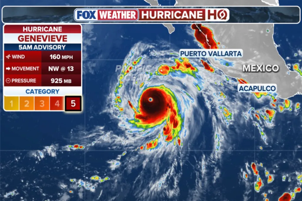 Hurricane Genevieve was roaring in the Pacific Ocean far from land Monday evening at the same time that the weakening Tropical Storm Fausto was bringing large surf to Hawaii.