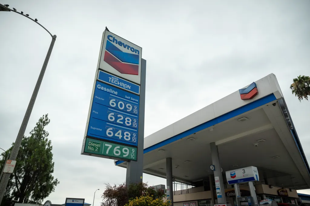 Gasoline and diesel prices displayed on a Chevron gas station sign in Pasadena, California.