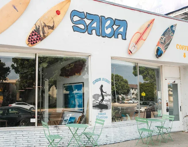 Exterior of Saba Surf, a surf shop and cafe.