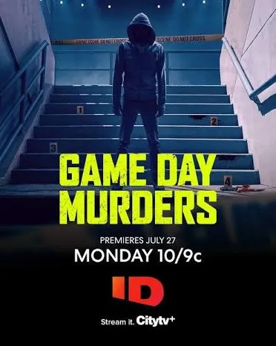 Key art for Game Day Murders, featuring a hooded figure on a staircase with crime scene tape.