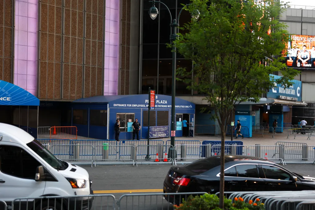 General view of Madison Square Garden with security outside.