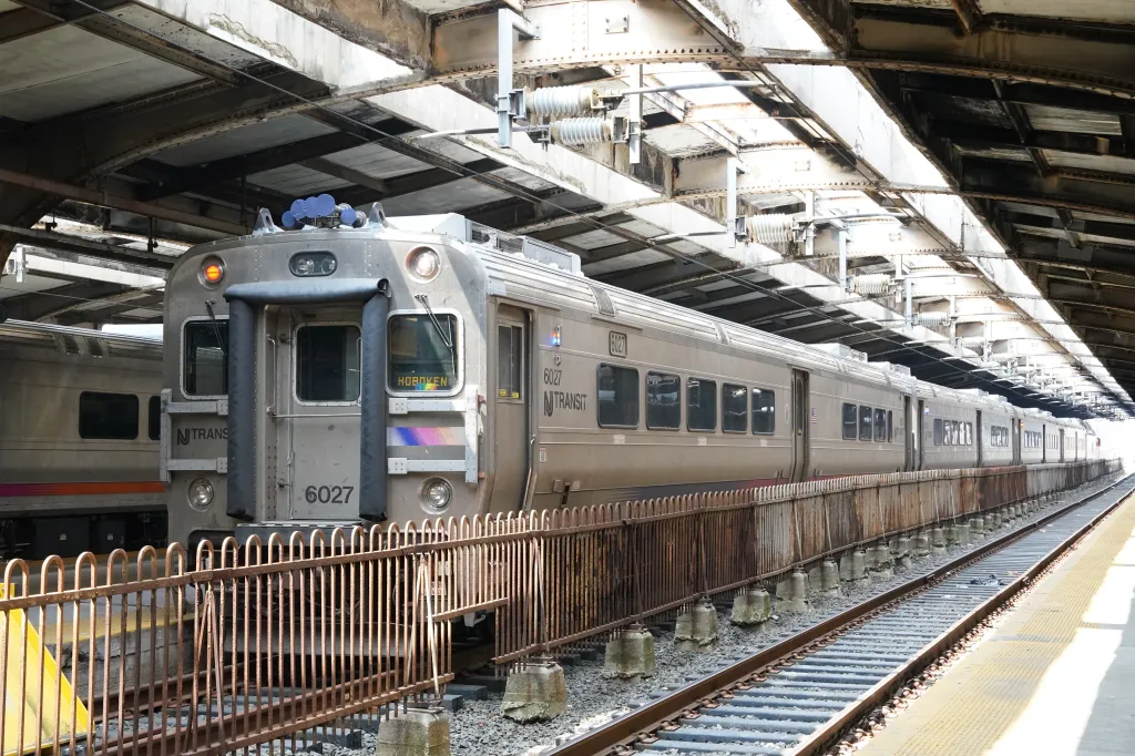 A New Jersey Transit train at the Hoboken Terminal.