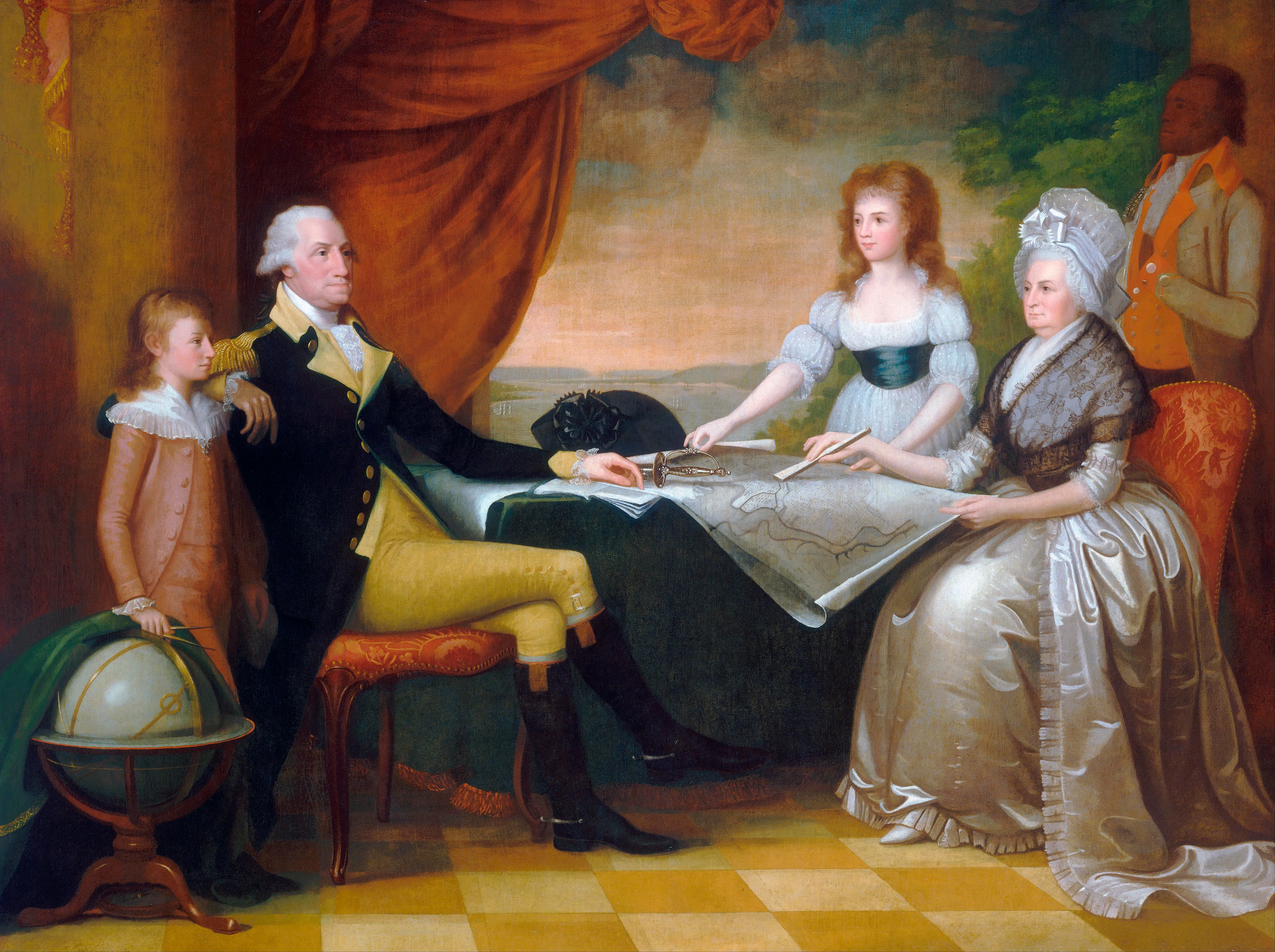 A portrait of the Washington family sitting in a room overlooking the Potomac River in Washington, studying an architectural plan for the future grand construction of the capitol city