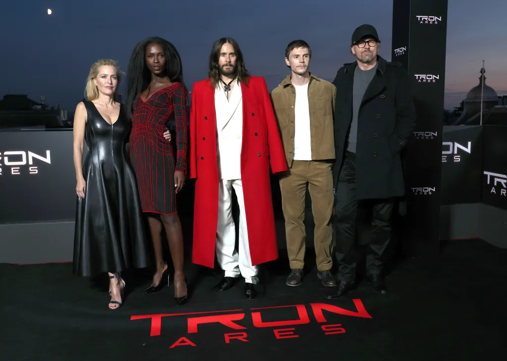 Gillian Anderson, Jodie Turner-Smith, Jared Leto, Evan Peters, and Joachim Rønning at the "Tron: Ares" UK Sneak Peek event.
