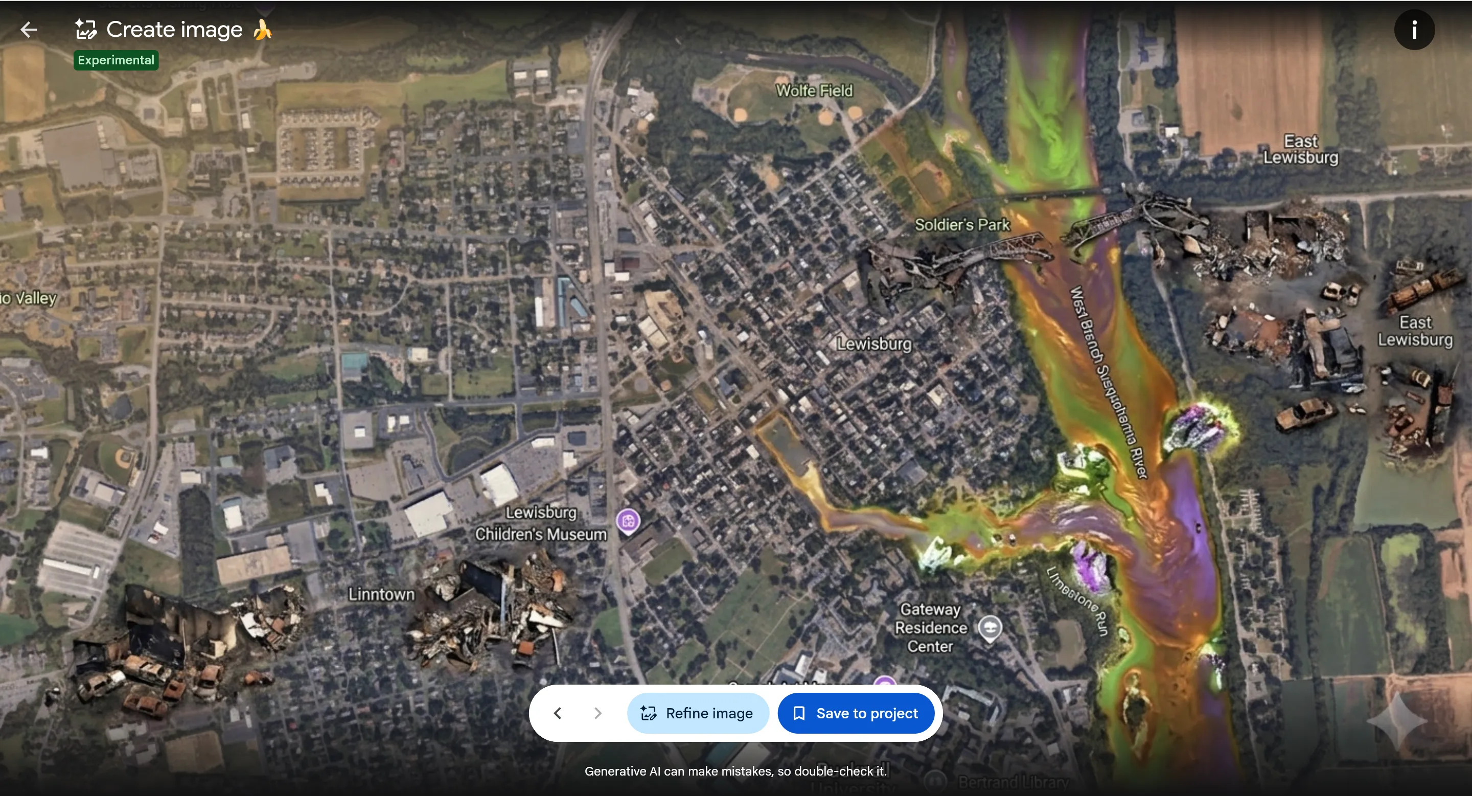 Screenshot using Google's new tool to make a look like it suffered a nuclear power plant meltdown by turning a nearby river into toxic sludge.