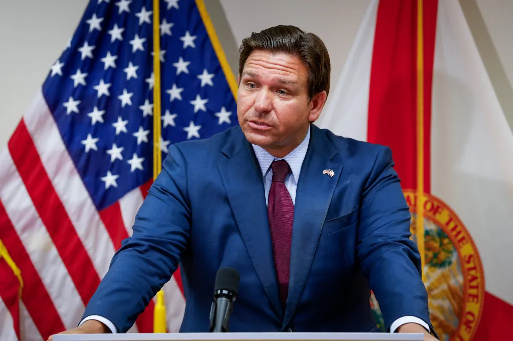 Gov. Ron DeSantis speaking at a press conference in Tampa, Florida.