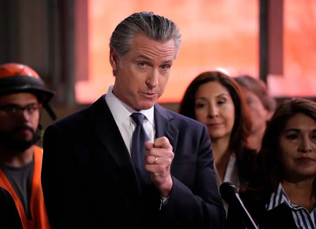Governor Gavin Newsom at a press conference on housing affordability reforms in Oakland.