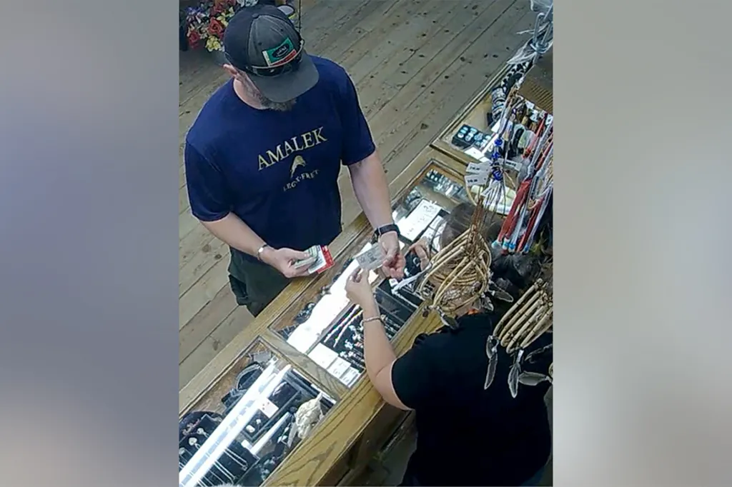 Security camera footage of Gregory Vandenberg making a purchase at a store.