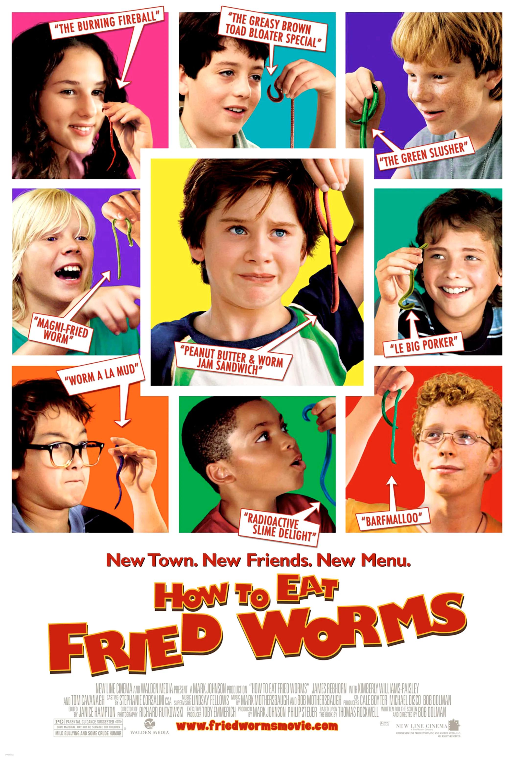 Movie poster for "How to Eat Fried Worms" showing nine children holding up worms, each with a different comical name for the worm.