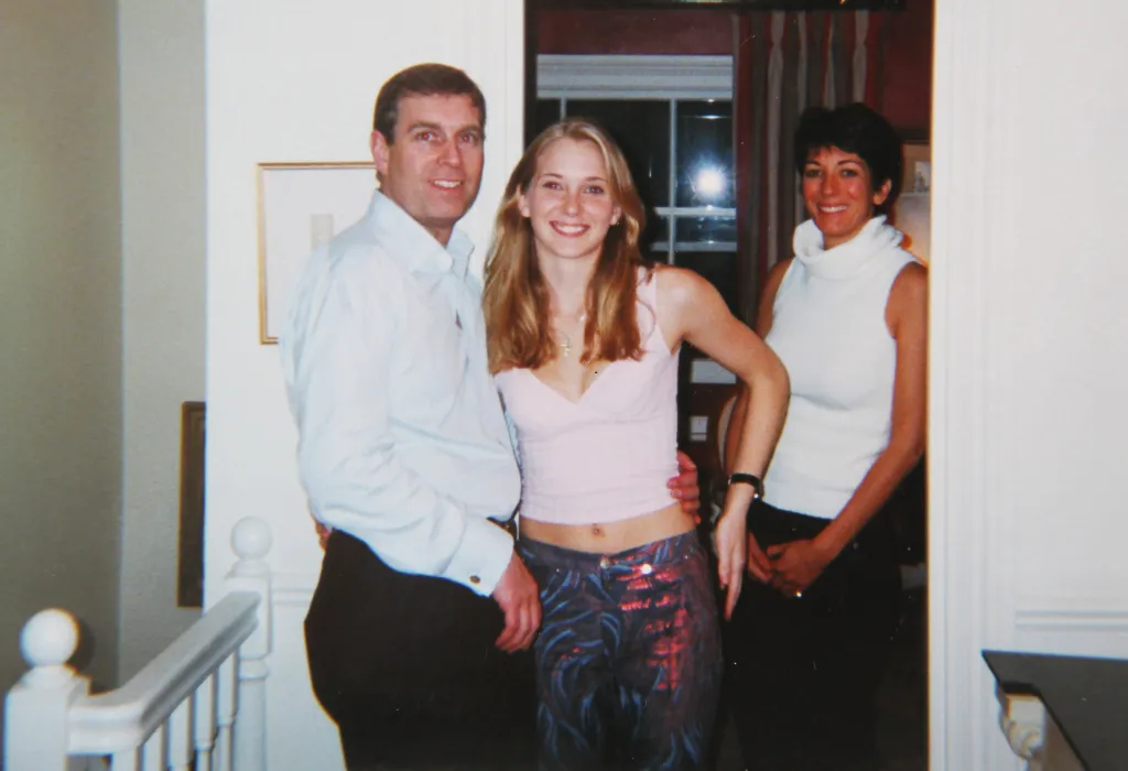 Prince Andrew with his arm around Virginia Roberts Giuffre, with Ghislaine Maxwell standing next to them.