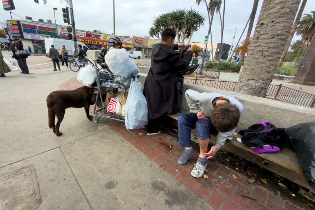 Homeless people in MacArthur Park, one with a shopping cart full of belongings and a dog, another adjusting his pants while seated on a concrete ledge.