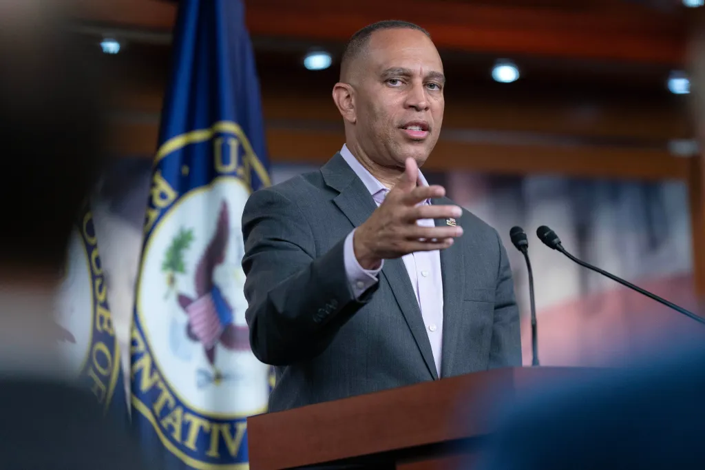 House Minority Leader Hakeem Jeffries speaks at a press conference on Capitol Hill on July 13, 2026.