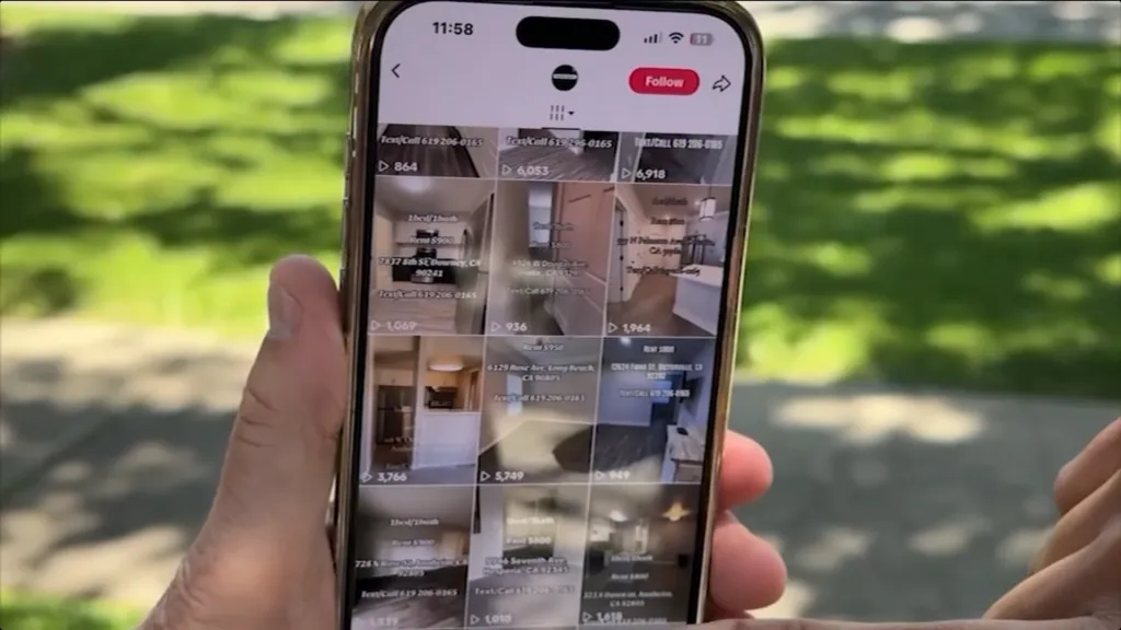 A person holding a phone displaying rental listings, with California addresses and an identical contact number, suggesting a potential scam.