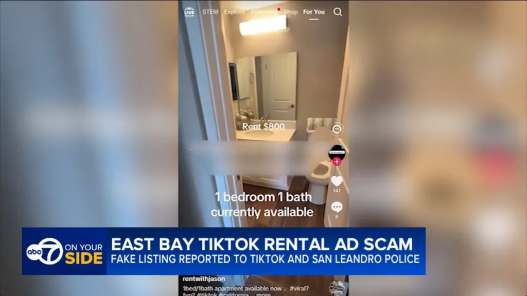 A screenshot of a TikTok video advertising a 1 bedroom, 1 bath apartment for $800, with a news overlay about an East Bay TikTok rental ad scam.
