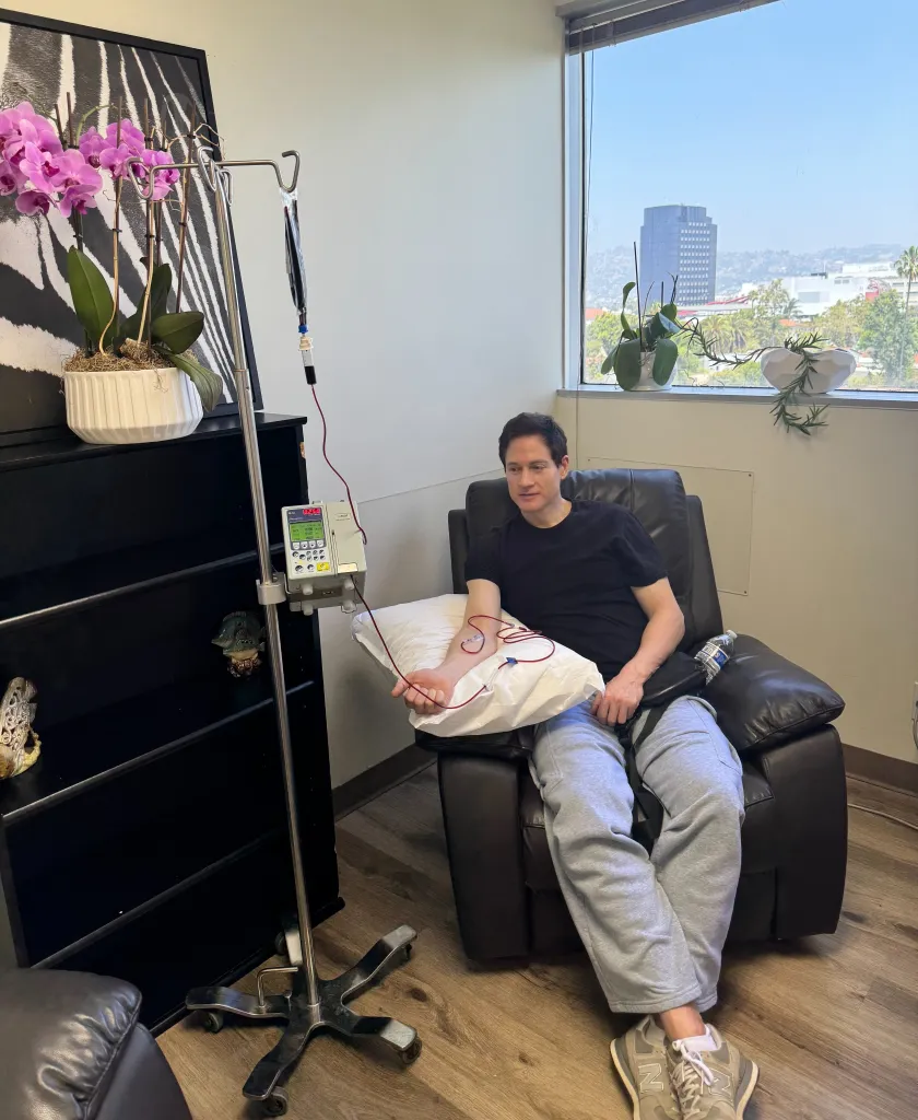 A man receives an iron infusion.