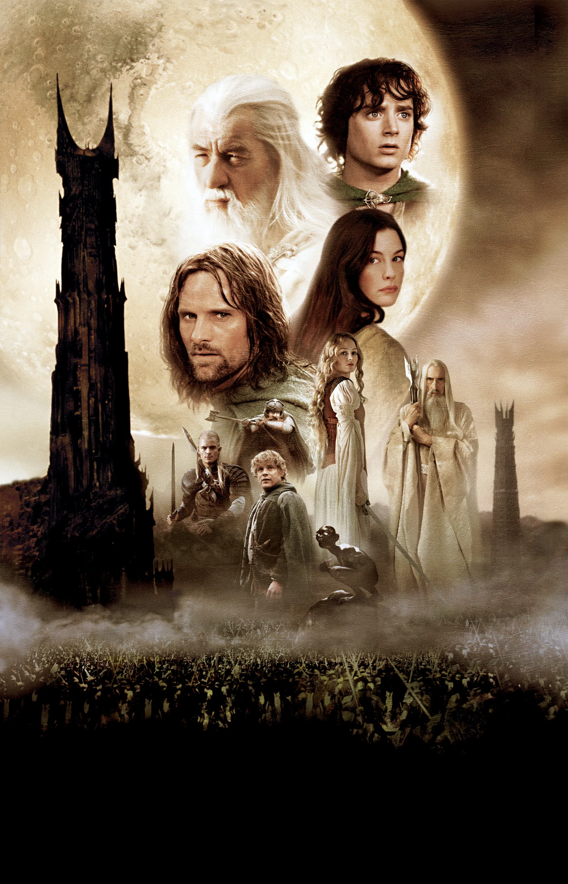 Movie poster for Lord of the Rings: The Two Towers, with Gandalf, Frodo, Arwen, Aragorn, Éowyn, Legolas, Gimli, Sam, Gollum, and Saruman, with the tower of Isengard and an army.