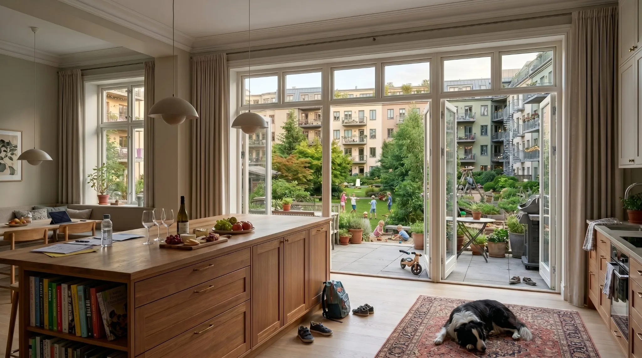 A sunlit apartment kitchen opens onto a shared courtyard garden surrounded by mid-rise buildings, where children play outside while a dog sleeps on a rug indoors.