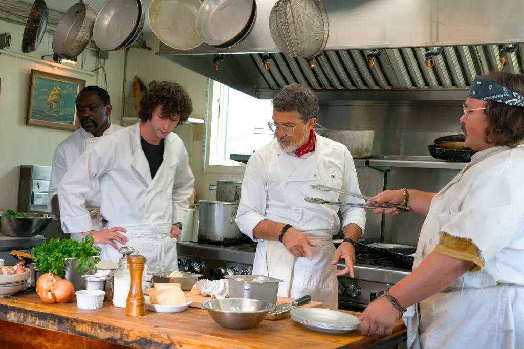 Michael Jibrin, Dominic Sessa, Antonio Banderas, and Stavros Halkias in a scene from "Tony."