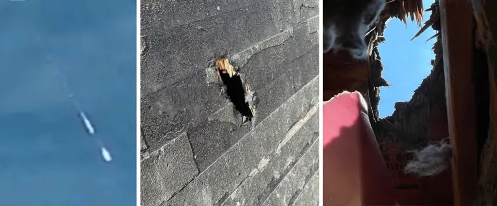 Collage of a meteor, a hole in a roof from impact, and the inside of the hole.