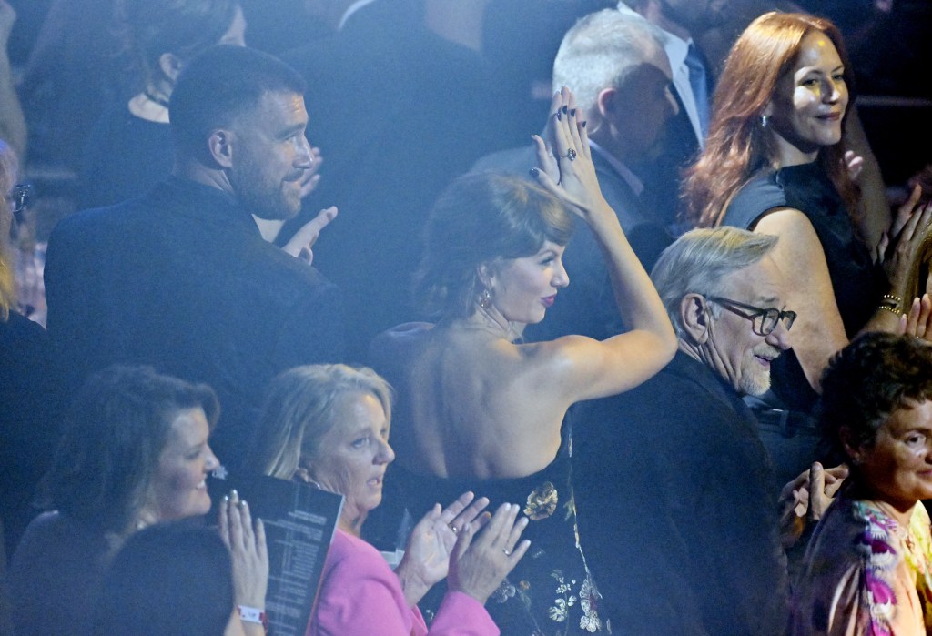Taylor Swift, Travis Kelce, and Steven Spielberg in the audience at the 55th annual Songwriters Hall of Fame Induction and Awards Gala.