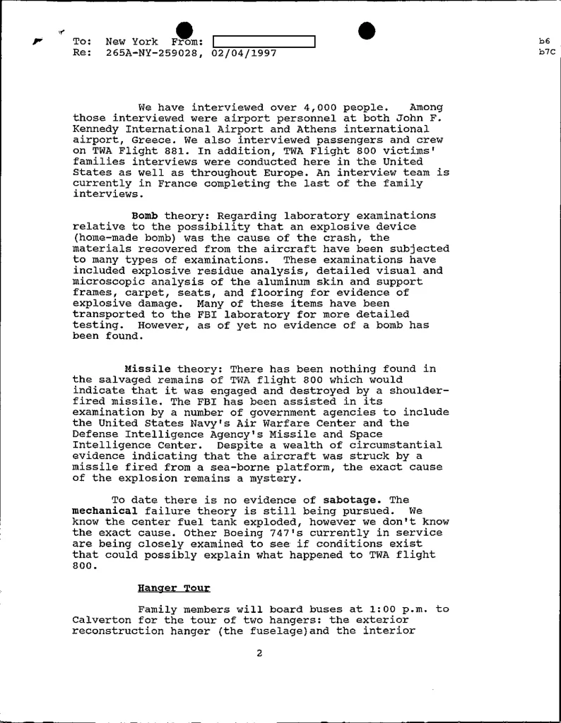 An internal document outlining potential causes, including a "missile theory," for the TWA 800 crash.