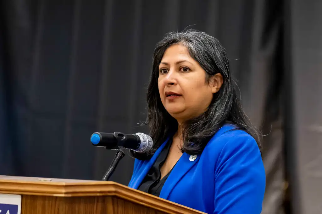 Irvine Mayor Farrah Khan speaking at a vigil for earthquake victims in Turkey and Syria.