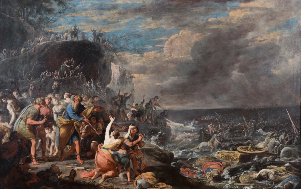 Baroque oil painting depicting Moses and the Israelites crossing the Red Sea, with the Egyptians drowning in the foreground.