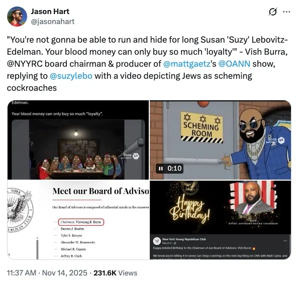 Collage of a tweet by Jason Hart about Vish Burra's antisemitic video