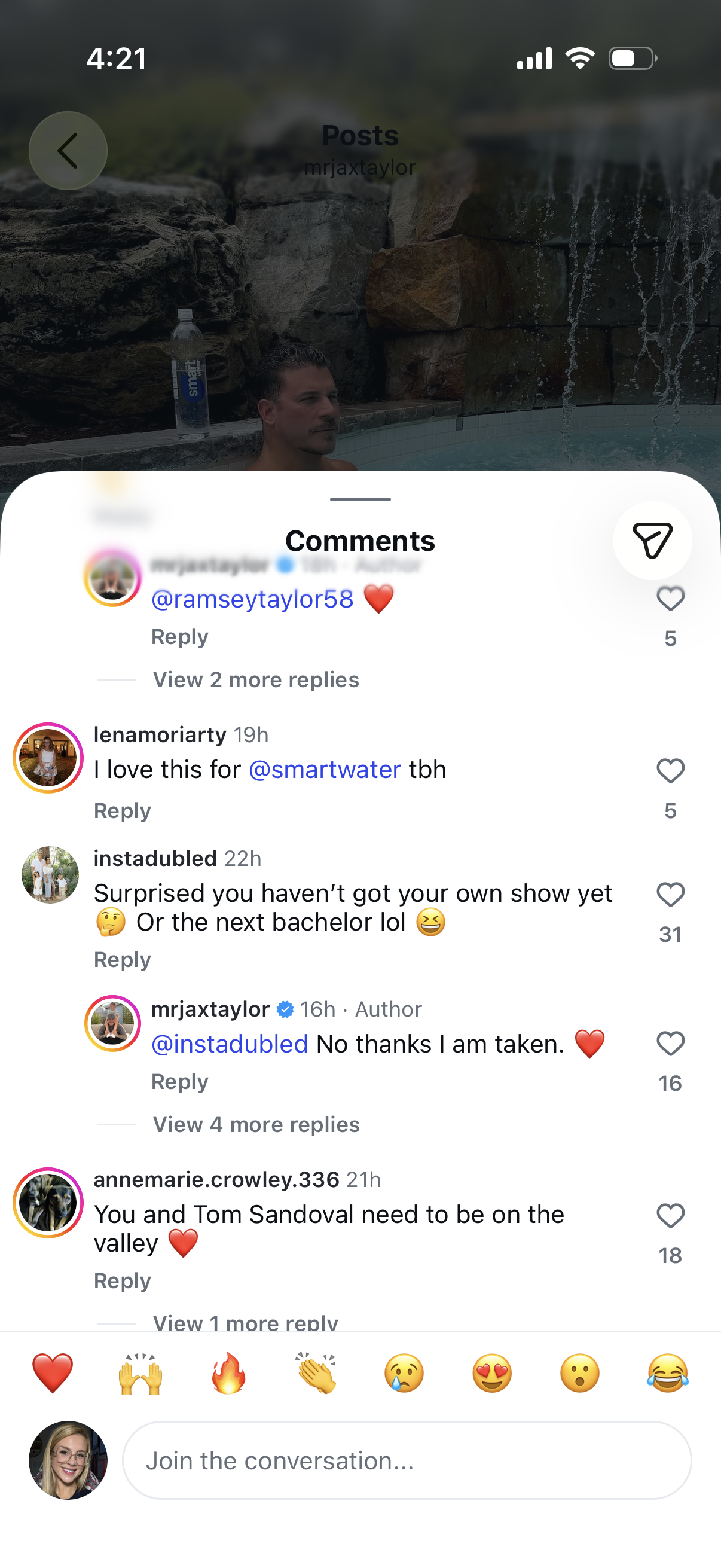 Screenshot of an Instagram post by @mrjaxtaylor in a hot tub with a Smartwater bottle, showing a comment where he says, "No thanks I am taken."
