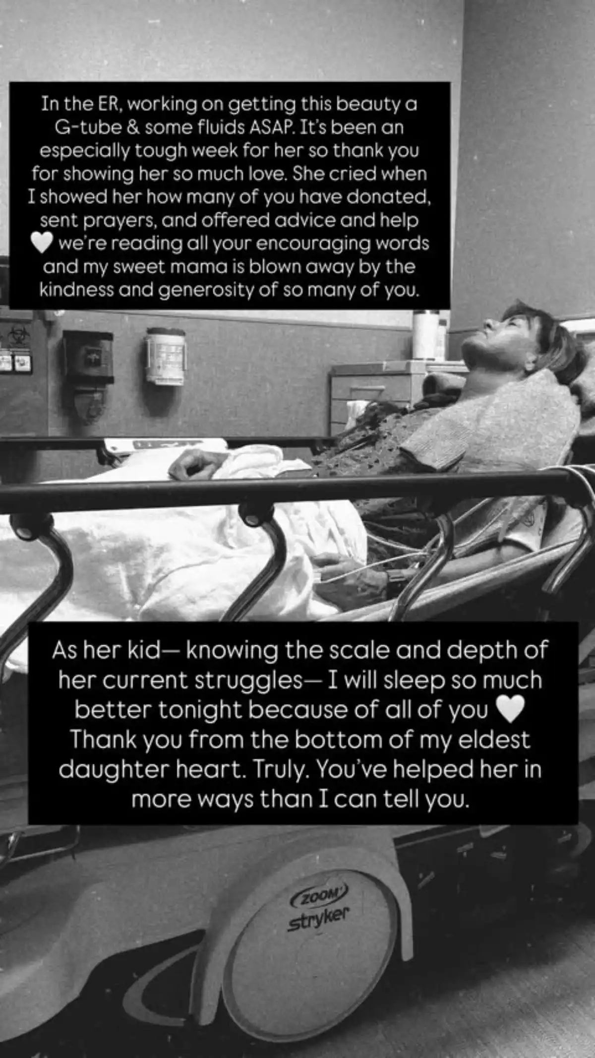 A black and white photo of a woman lying in a hospital bed, with text overlay from her daughter about her mother's struggle with tongue cancer and gratitude for support.