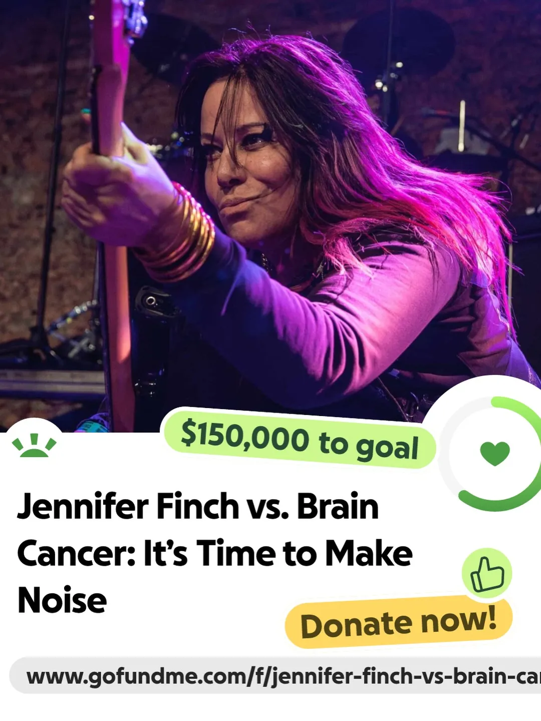 Jennifer Finch playing a guitar with a GoFundMe overlay for her brain cancer treatment.