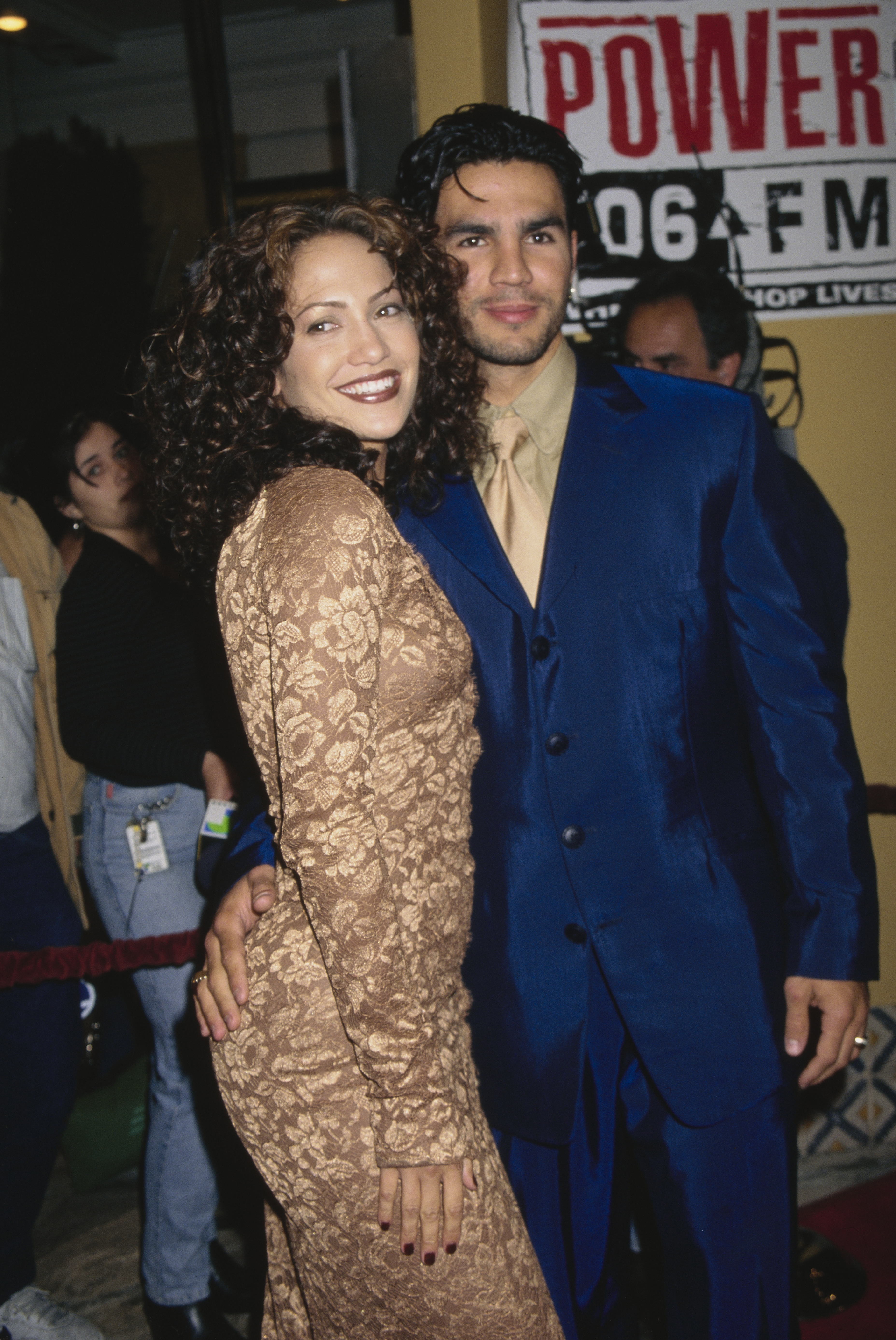 Jennifer Lopez and Ojani Noa pose together at the "Anaconda" premiere.