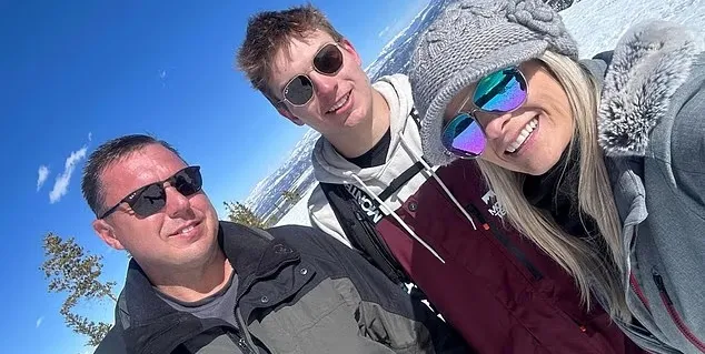 Jimmy Don Lewis and his son, Brayden Ty Lewis, pose with a woman in sunglasses against a snowy mountain backdrop.