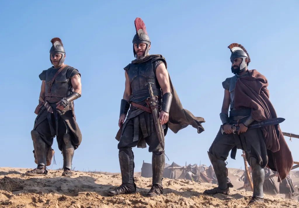 Jimmy Gonzales, Matt Damon, and Himesh Patel in costumes for "The Odyssey."