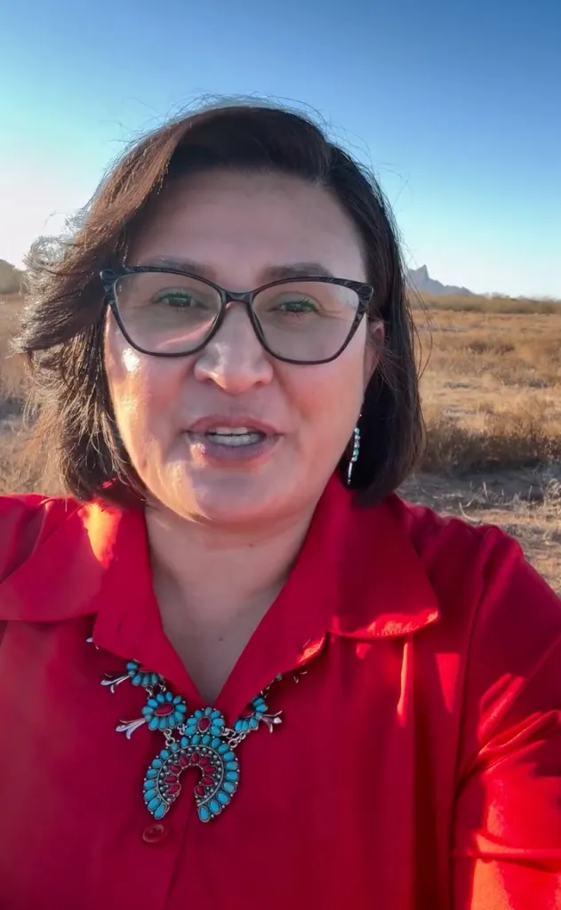 JoAnna Mendoza, Arizona Senate Democratic hopeful, speaking in an outdoor setting.
