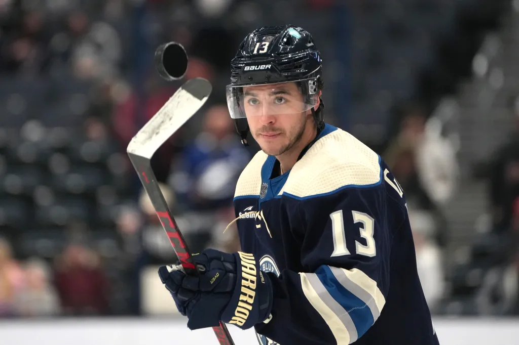Johnny Gaudreau of the Columbus Blue Jackets warms up on the ice.