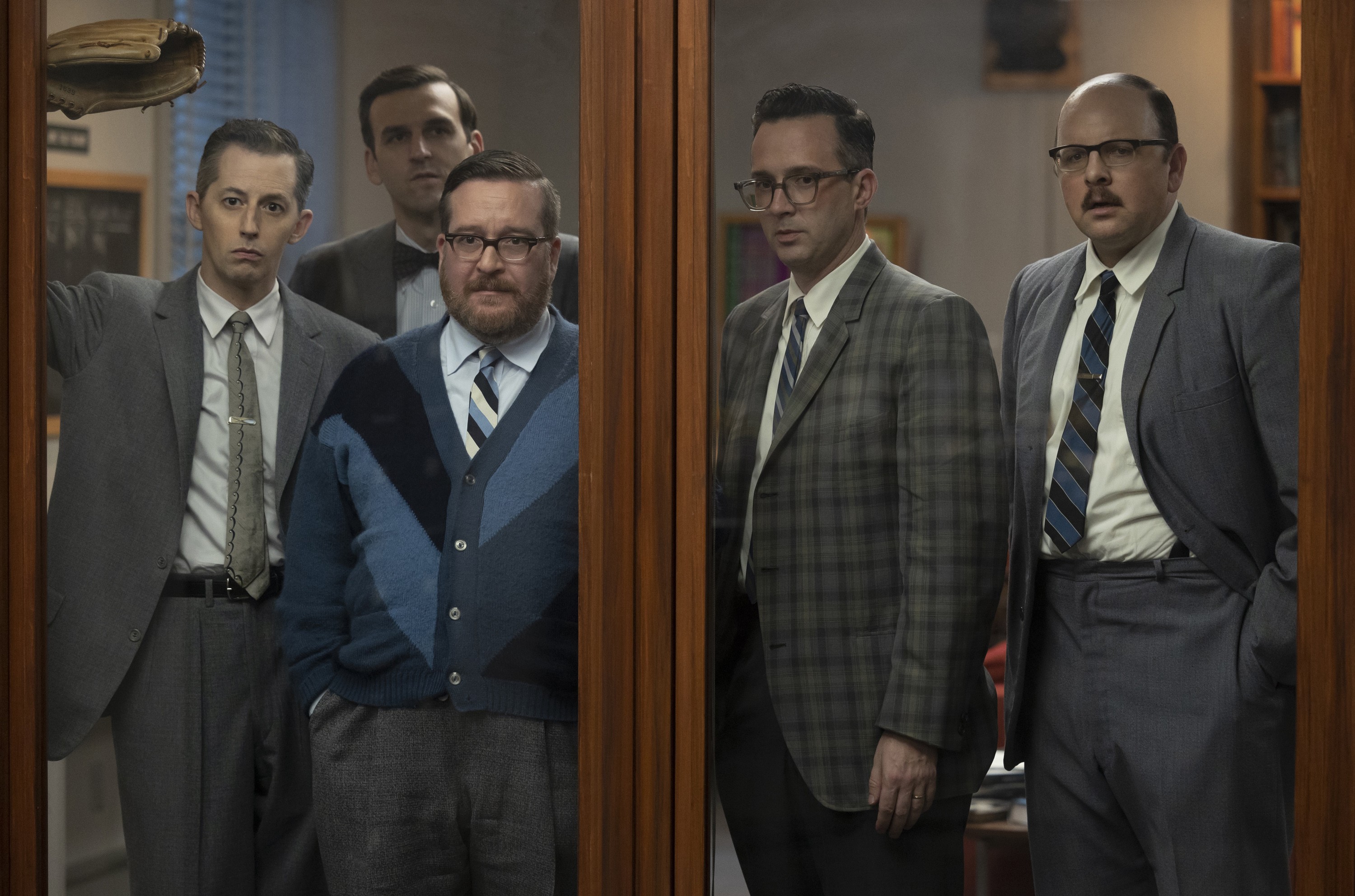 From left, actors Josh Grisetti, Lucas Kavner, Michael Cyril Creighton, Eddie Kaye Thomas, and Austin Basis in "The Marvelous Mrs. Maisel" Season 5.