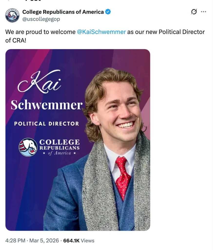 Photo of Kai Schwemmer, new Political Director of College Republicans of America.