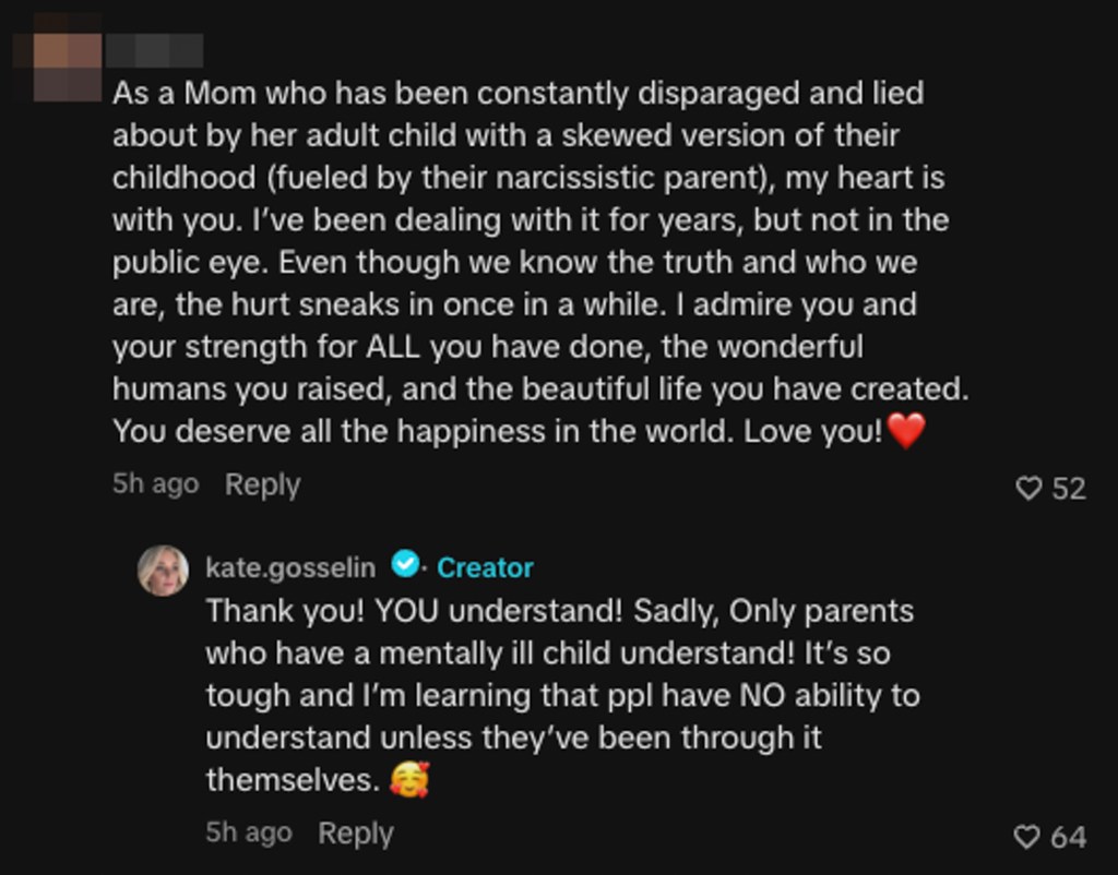 A social media post with two comments, the second from Kate Gosselin, referring to her son as "mentally ill."