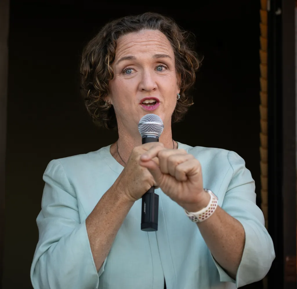 Katie Porter, Democratic candidate for governor, speaking at a get-out-the-vote event.